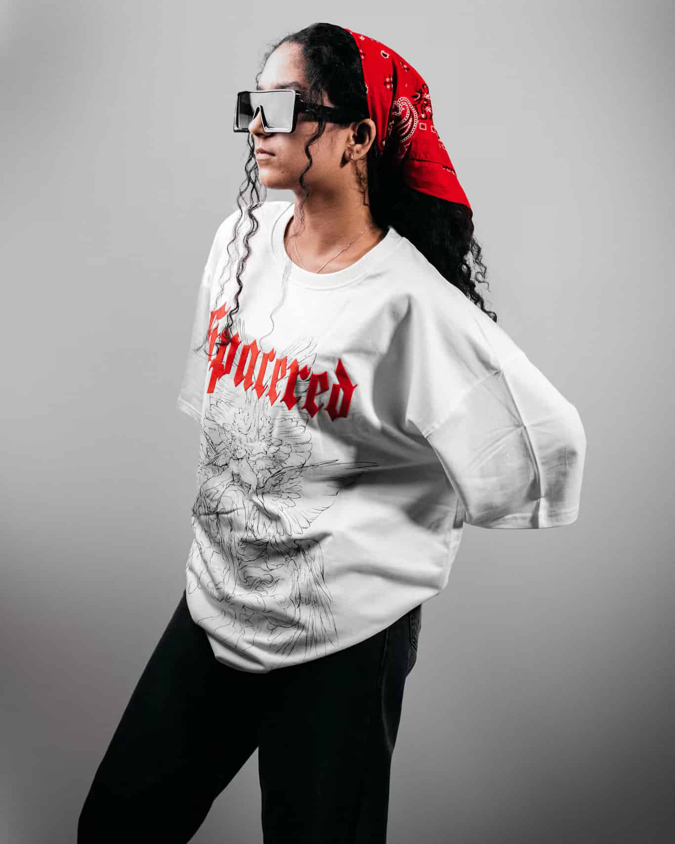 Woman wearing the Spacered Orion t-shirt