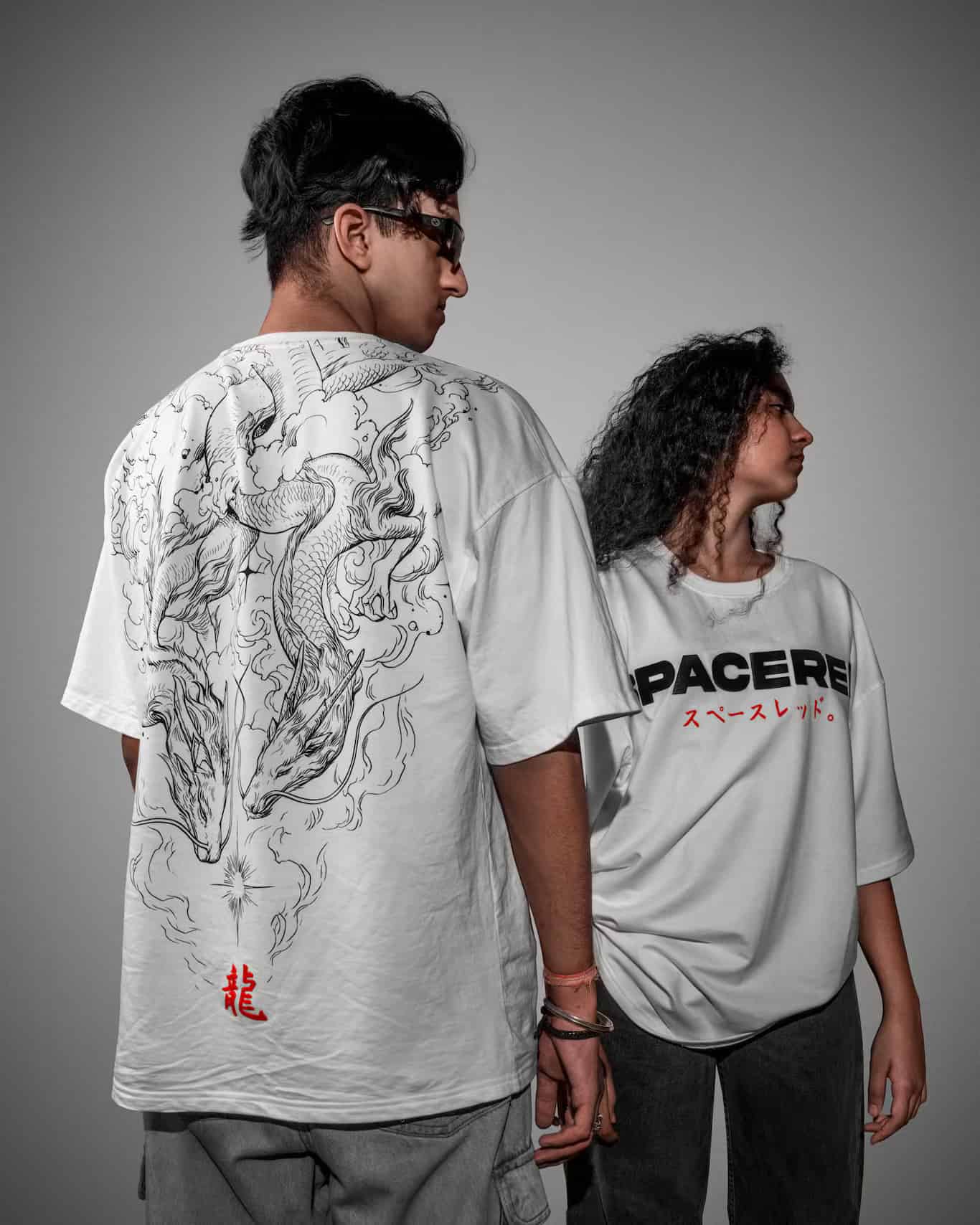 Spacered Ryu T-shirt: front and back details, showcased by a man and woman